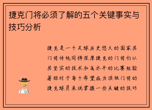捷克门将必须了解的五个关键事实与技巧分析