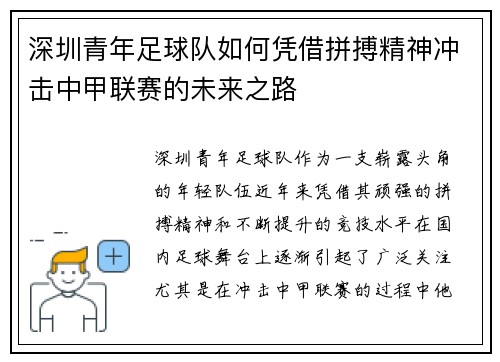 深圳青年足球队如何凭借拼搏精神冲击中甲联赛的未来之路