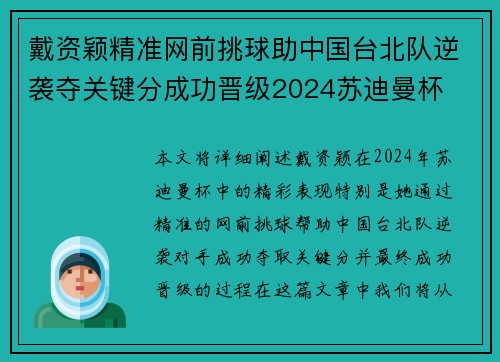 戴资颖精准网前挑球助中国台北队逆袭夺关键分成功晋级2024苏迪曼杯